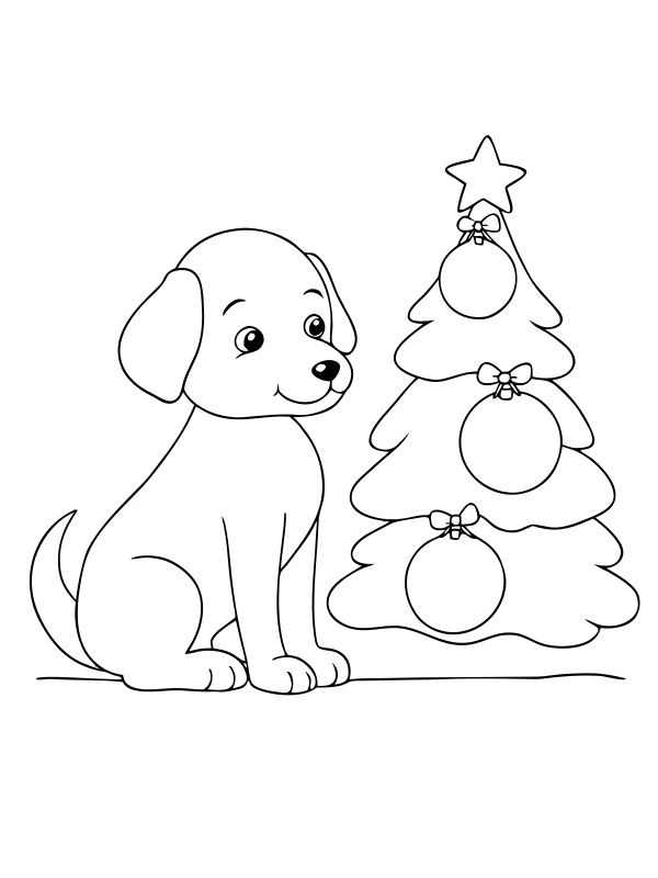 AI-generated black-and-white coloring page of puppy and christmas tree