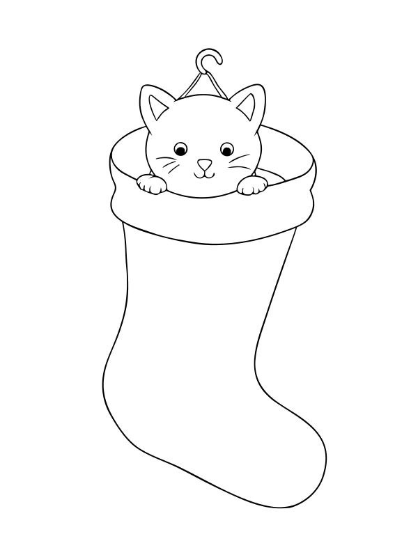 AI-generated black-and-white coloring page of kitten in a stocking