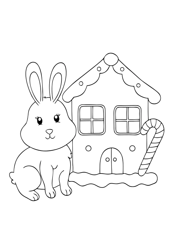 AI-generated black-and-white coloring page of rabbit and gingerbread house