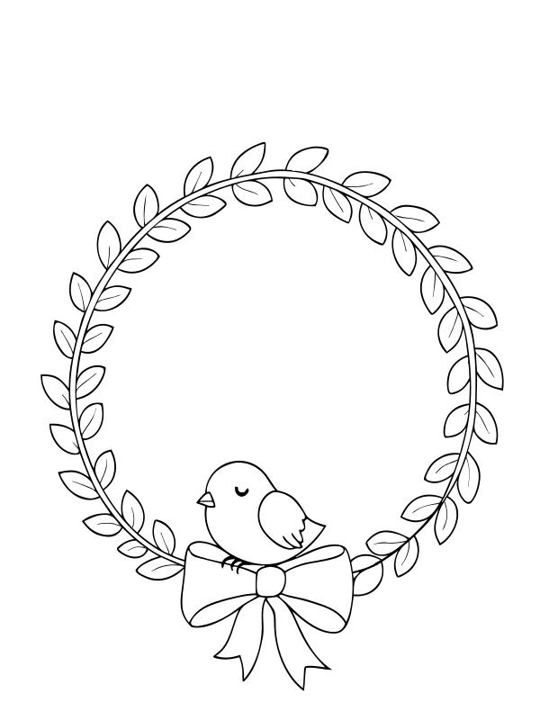 AI-generated black-and-white coloring page of bird in a christmas wreath
