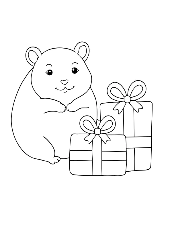 AI-generated black-and-white coloring page of hamster and presents