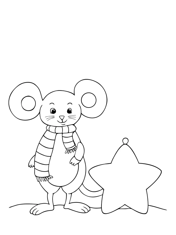 AI-generated black-and-white coloring page of mouse and star ornament