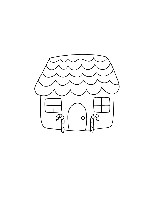 AI-generated black-and-white coloring page of candy-cane cottage