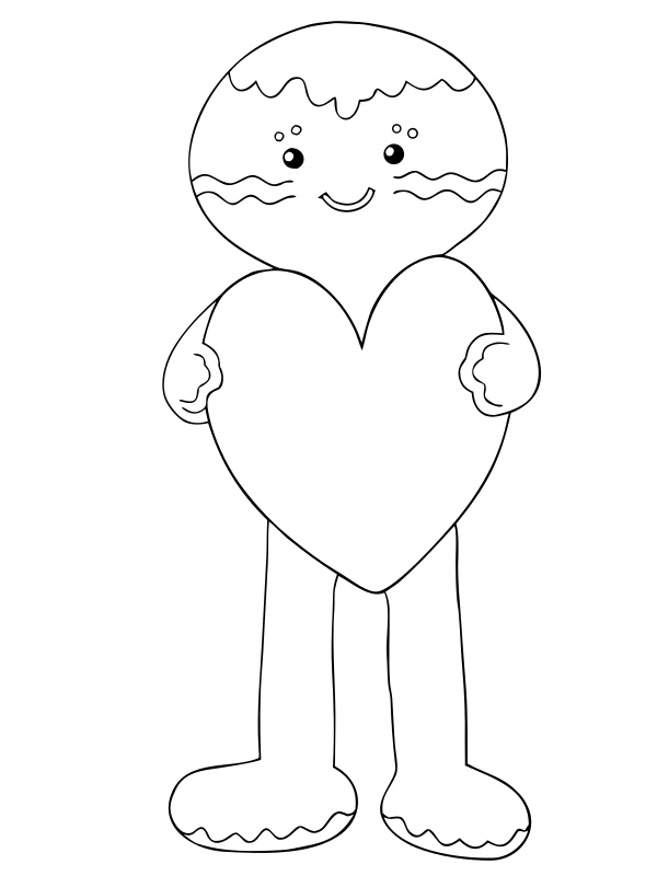AI-generated black-and-white coloring page of cookie friend with a heart