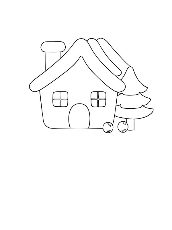 AI-generated black-and-white coloring page of winter gingerbread cottage