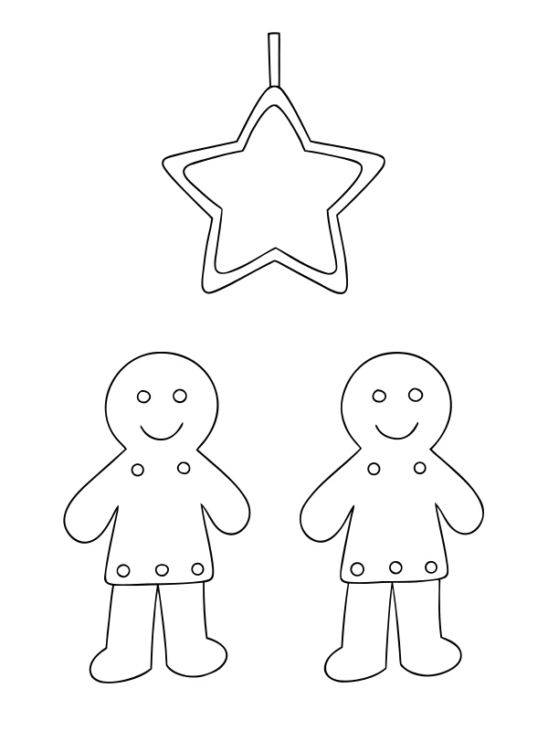 AI-generated black-and-white coloring page of cookie friends beneath a star