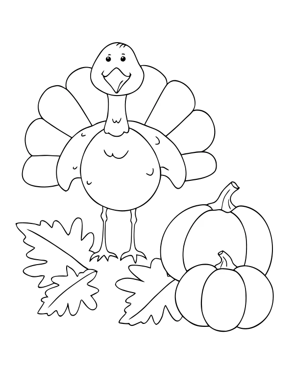 AI-generated black-and-white coloring page of turkey and pumpkins