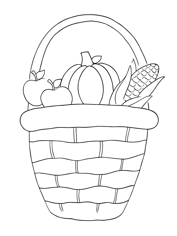 AI-generated black-and-white coloring page of harvest basket