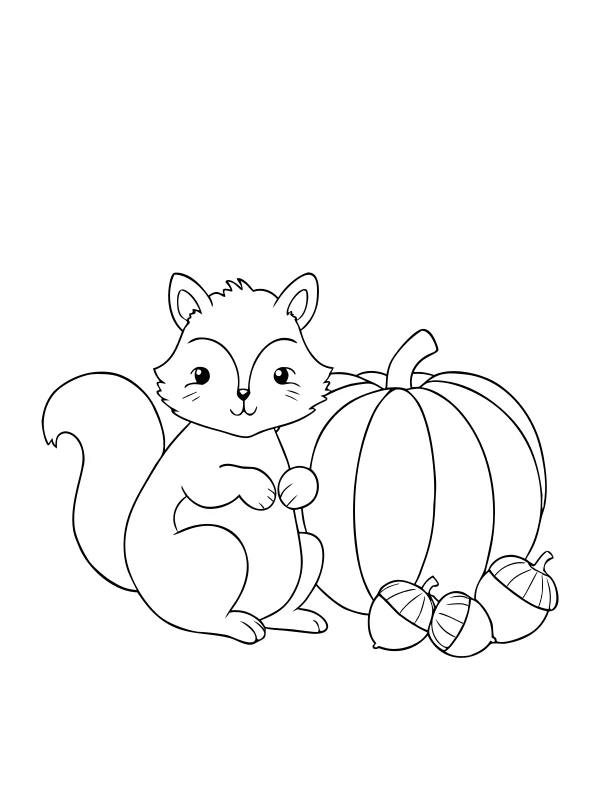 AI-generated black-and-white coloring page of squirrel and acorns