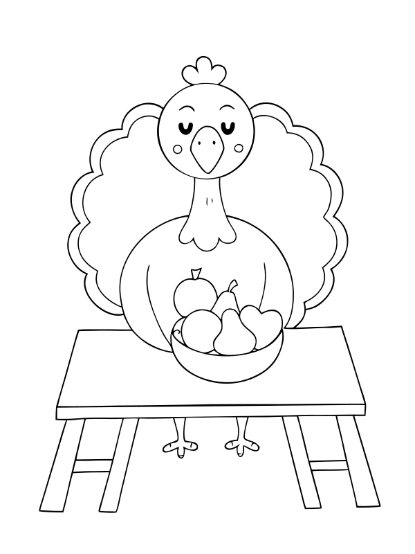 AI-generated black-and-white coloring page of turkey at the harvest table
