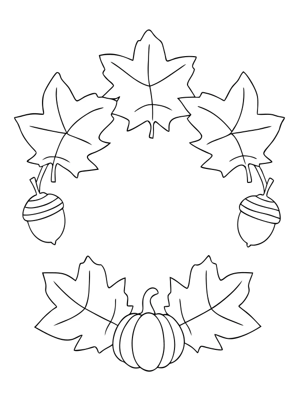 AI-generated black-and-white coloring page of autumn leaf wreath