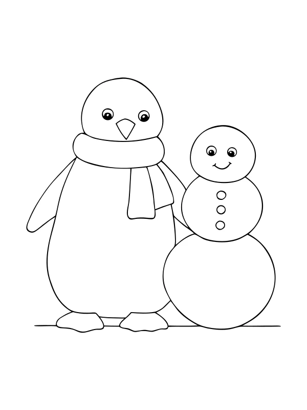AI-generated black-and-white coloring page of penguin and snowman