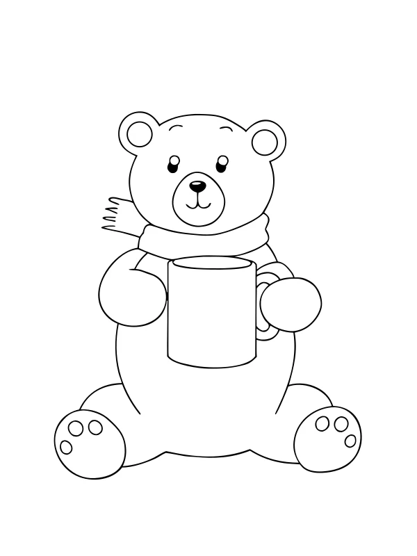 AI-generated black-and-white coloring page of polar bear with a warm mug