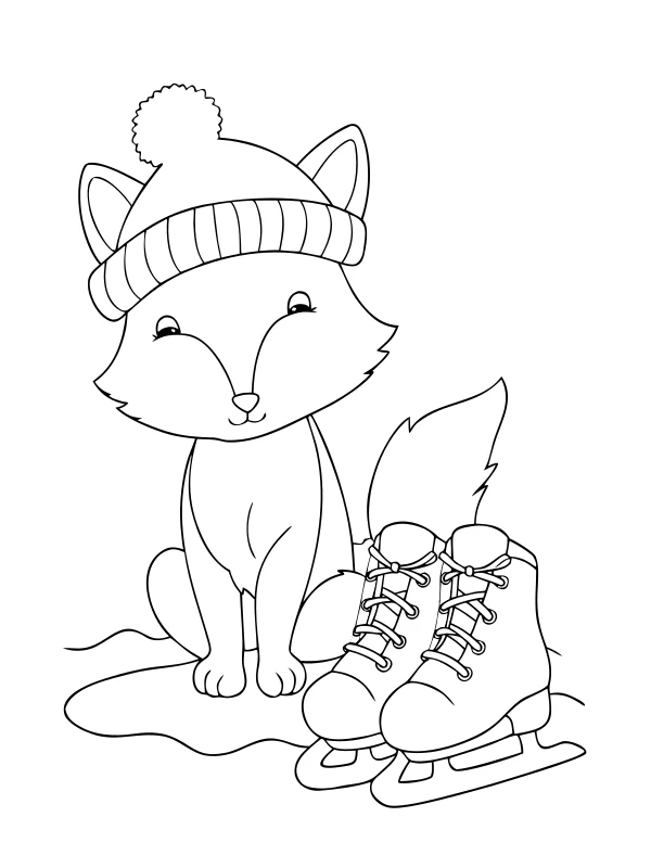 AI-generated black-and-white coloring page of fox and ice skates
