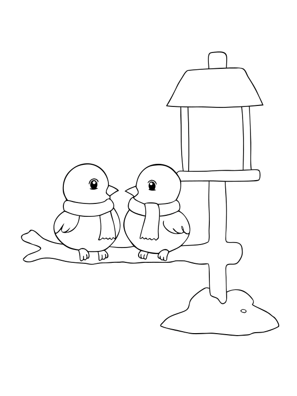 AI-generated black-and-white coloring page of winter birds at the feeder