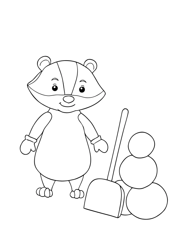 AI-generated black-and-white coloring page of badger and snowballs