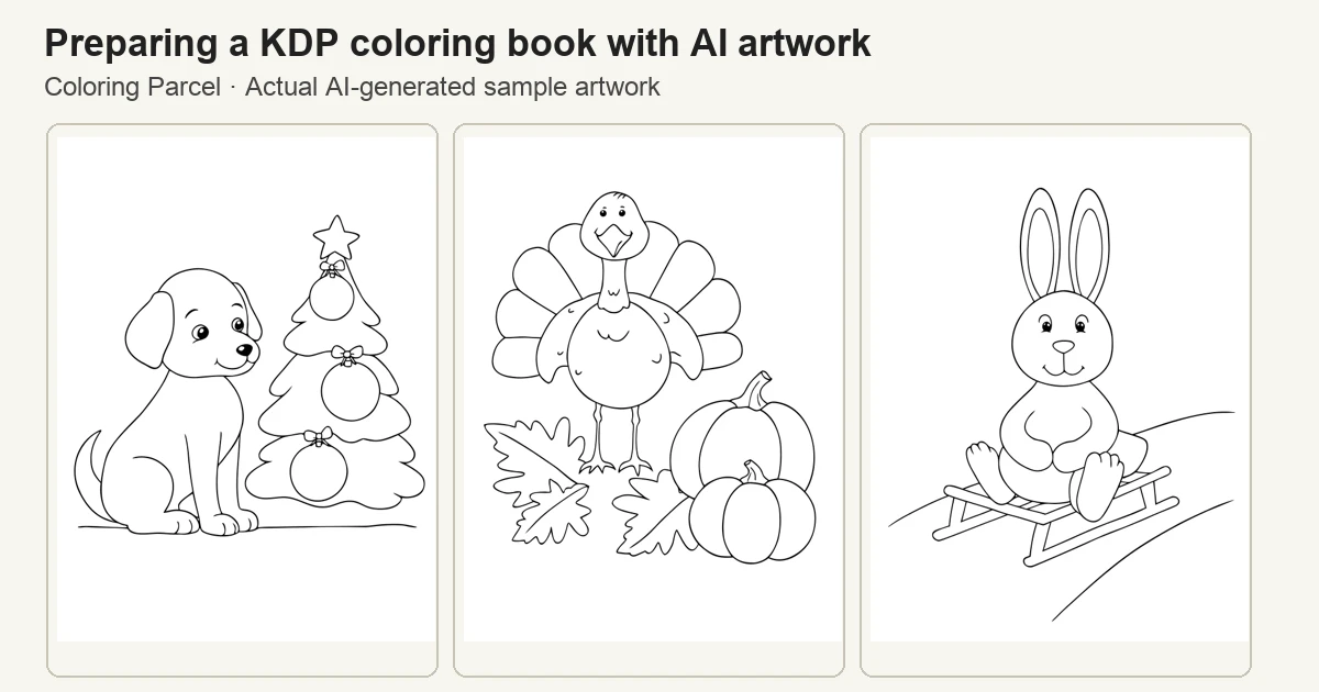 Three actual black-and-white AI coloring pages from the free seasonal sets