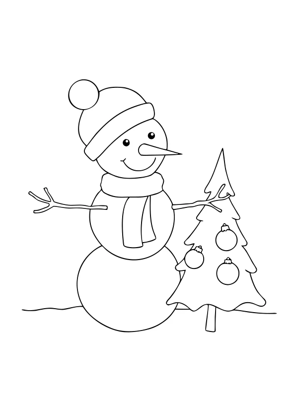 AI-generated black-and-white coloring page of snowman and a winter tree