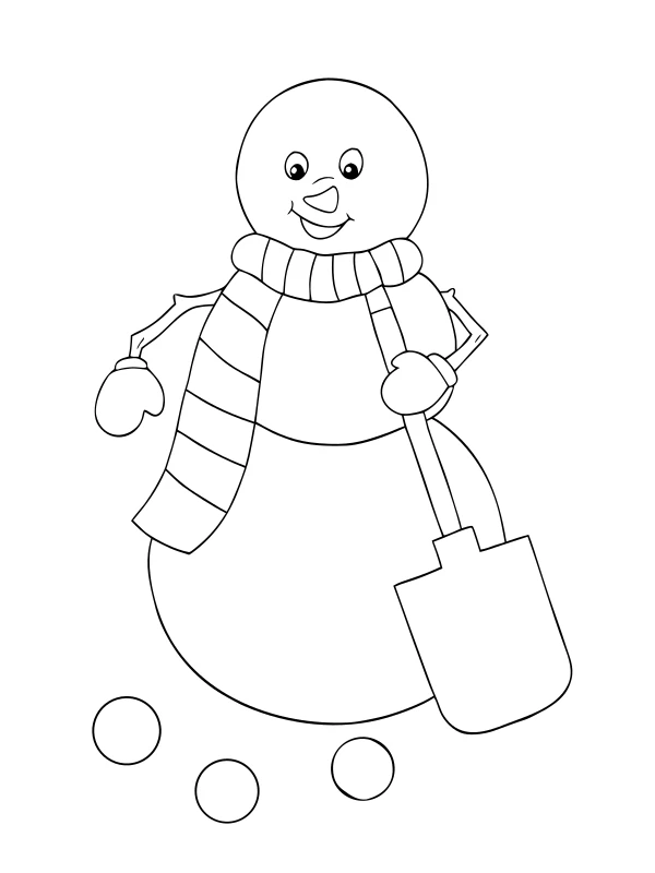AI-generated black-and-white coloring page of snowman with a snow shovel