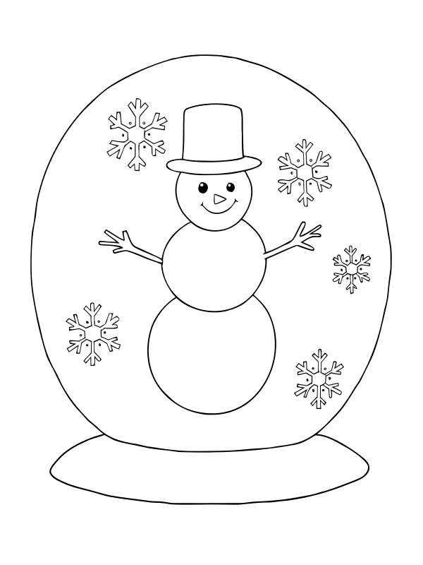 AI-generated black-and-white coloring page of snowman in a snow globe
