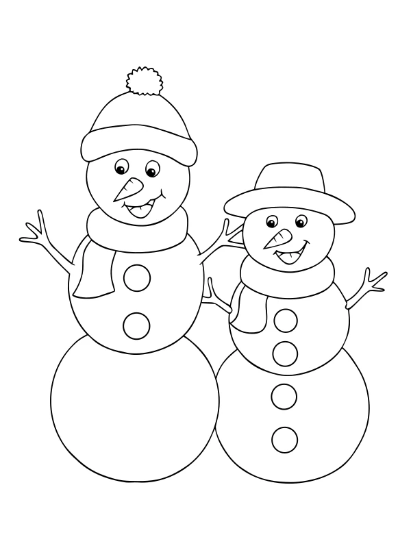 AI-generated black-and-white coloring page of two snowman friends