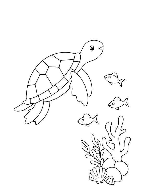 Sea turtle and coral coloring page at simple detail