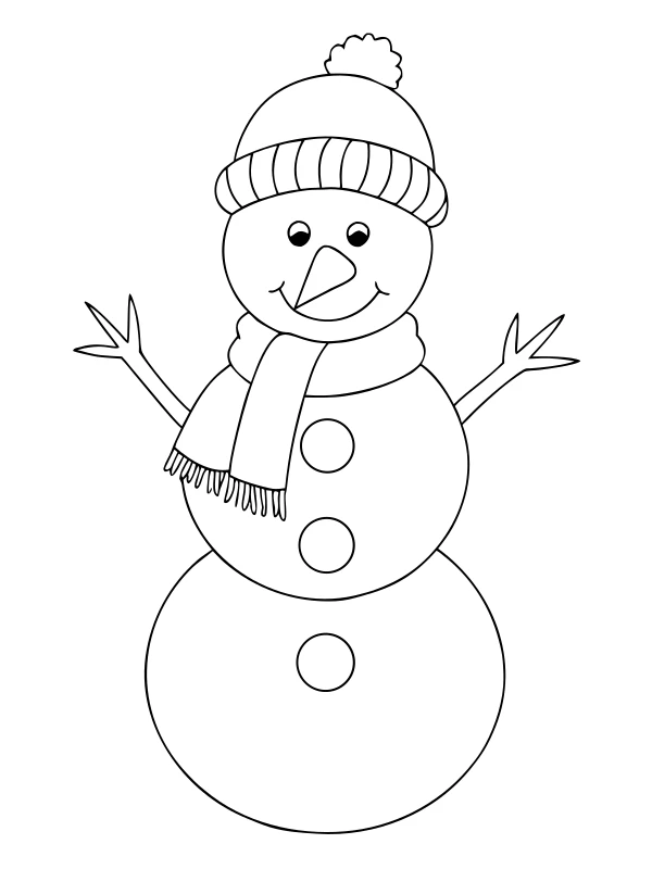 Black-and-white coloring page of snowman in a knit hat