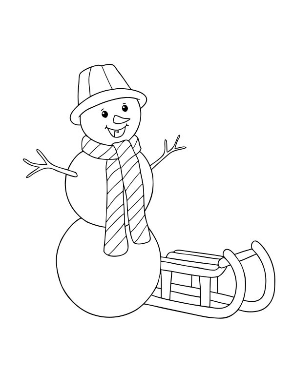 Black-and-white coloring page of snowman beside a sled