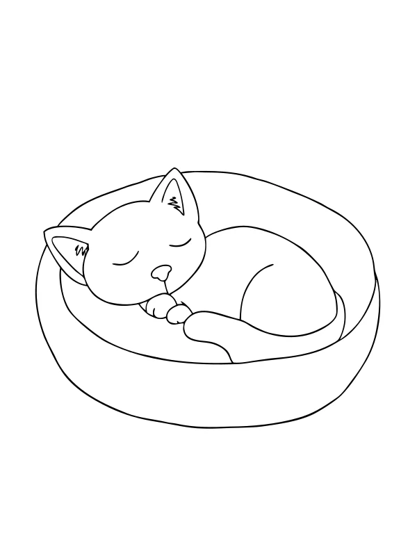 Black-and-white coloring page of a sleeping cat in a bed