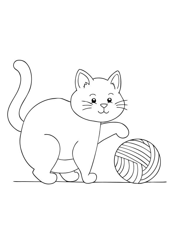 Black-and-white coloring page of a cat and a ball of yarn