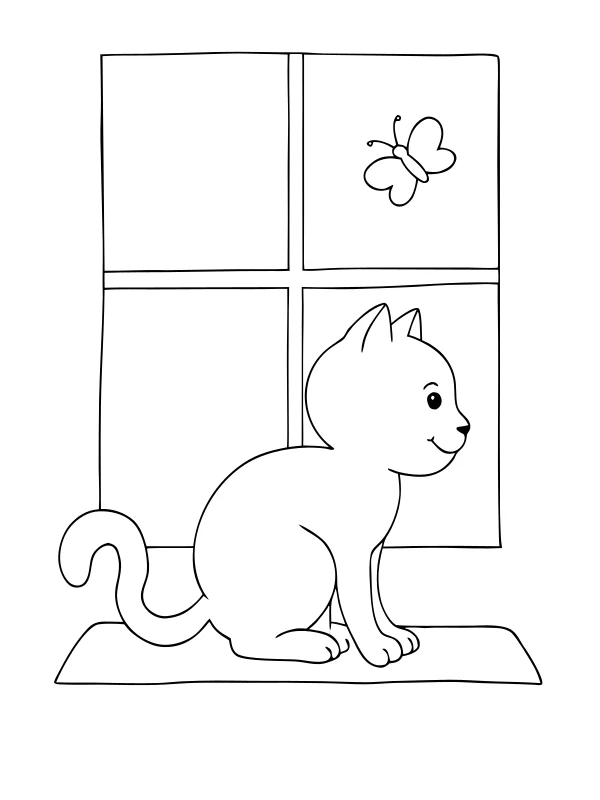 AI-generated black-and-white coloring page of a cat beside a window