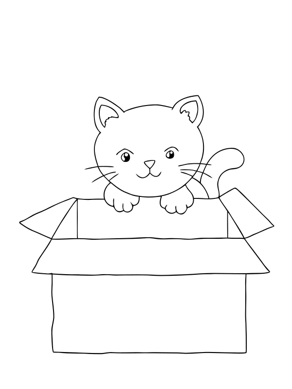 AI-generated black-and-white coloring page of a cat in a cardboard box