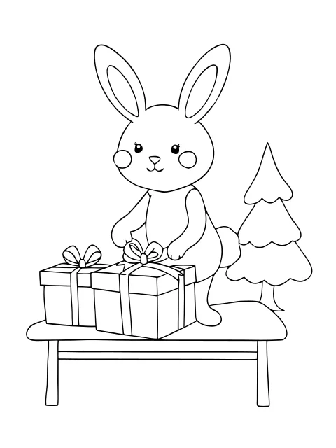Printable black-and-white rabbit wrapping Christmas presents