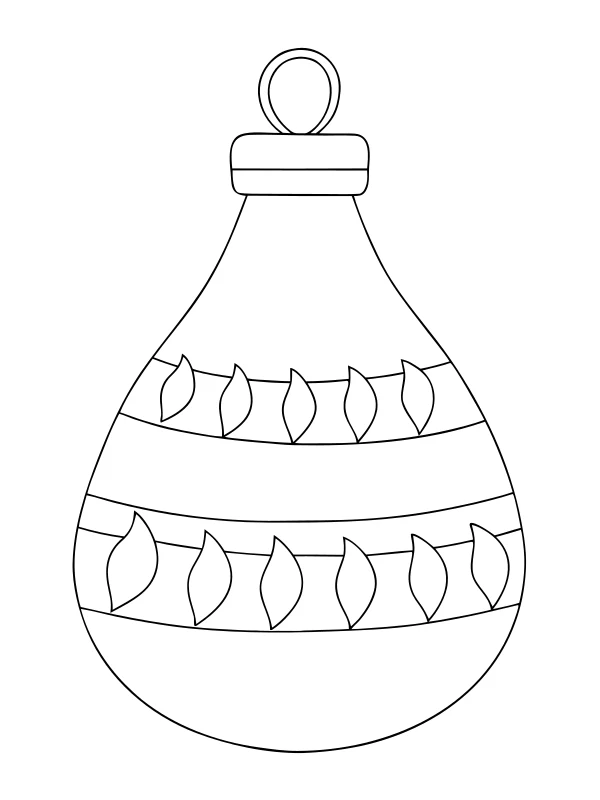 Black-and-white coloring page of teardrop ornament with leaves