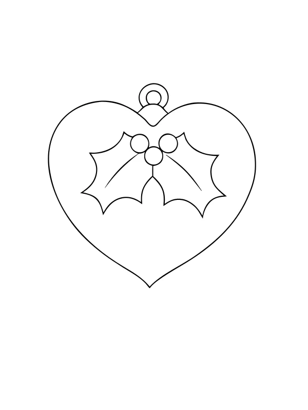 AI-generated black-and-white coloring page of heart ornament with holly
