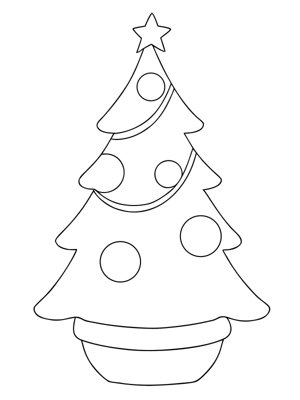 Black-and-white coloring page of potted tree and garland