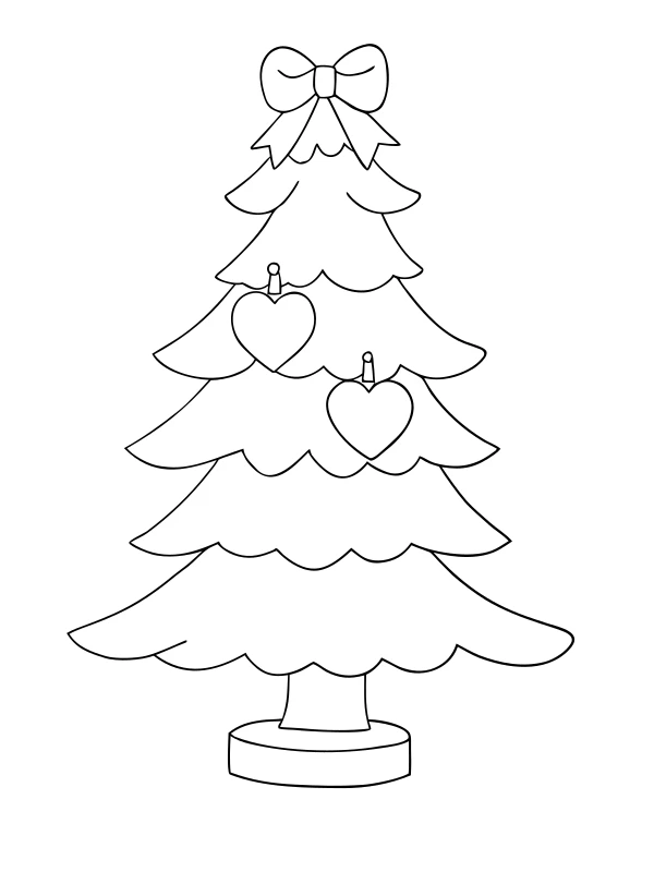 Black-and-white coloring page of tree with heart ornaments