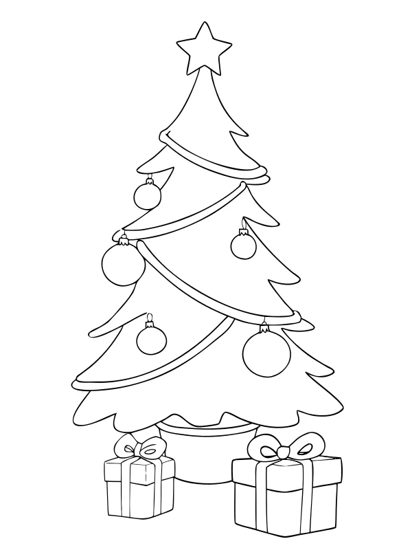 AI-generated black-and-white coloring page of tree with ribbons and gifts