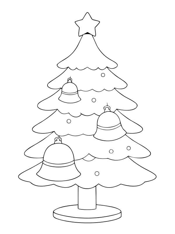 AI-generated black-and-white coloring page of tree with bell ornaments