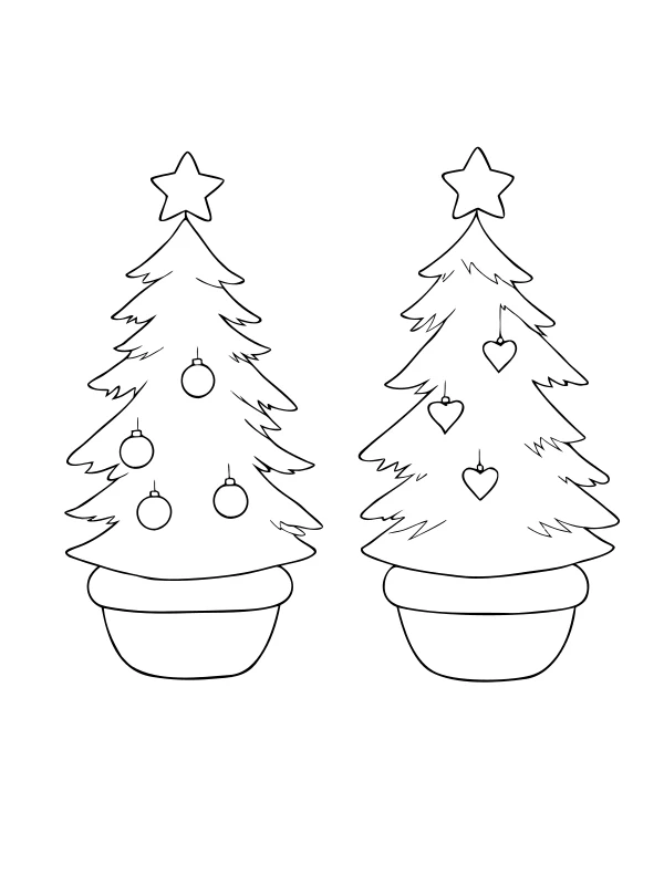 AI-generated black-and-white coloring page of two differently decorated trees