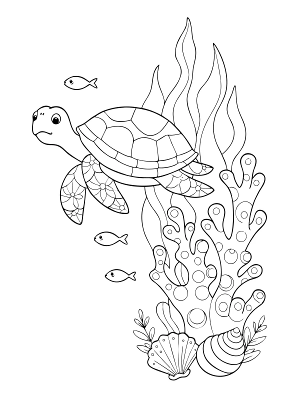 Sea turtle and coral coloring page at detailed detail