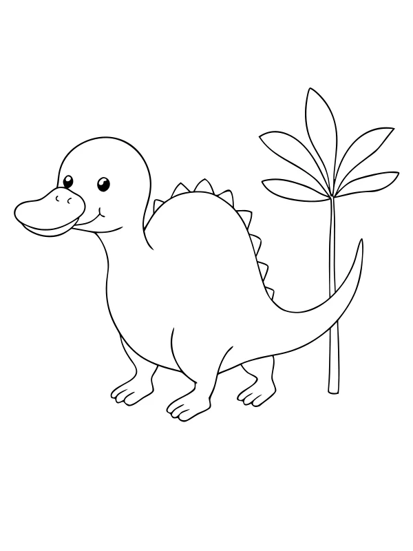 AI-generated black-and-white coloring page of a duck-billed dinosaur and plants