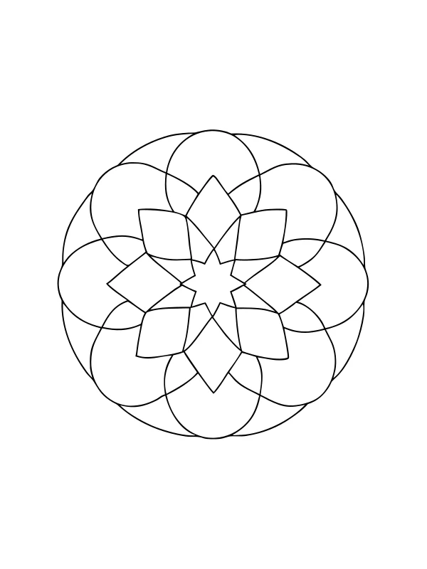 Black-and-white coloring page of star and arch mandala