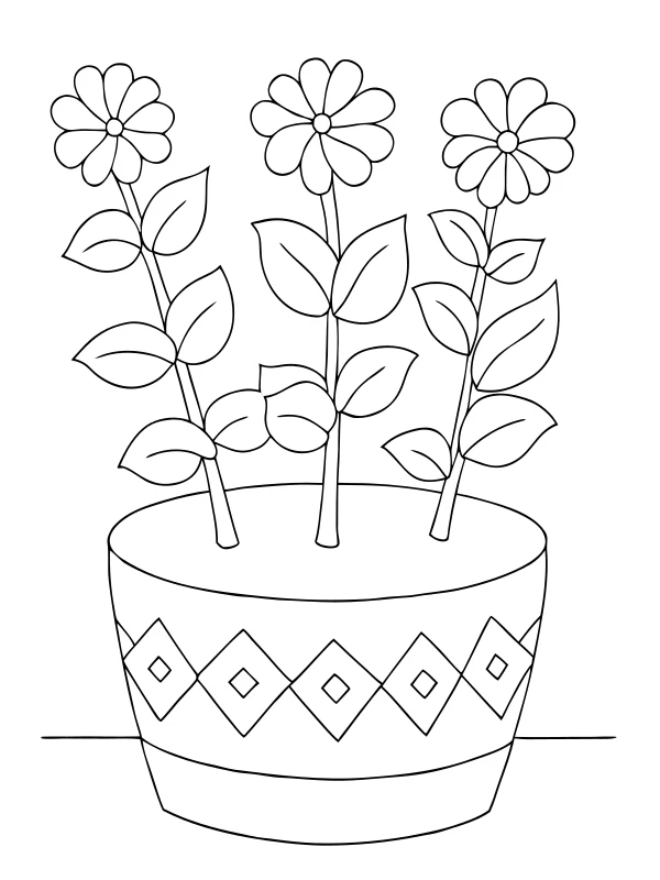 AI-generated black-and-white coloring page of flowers in a patterned pot