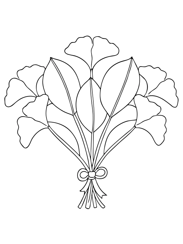 AI-generated black-and-white coloring page of ginkgo and oval leaf bouquet