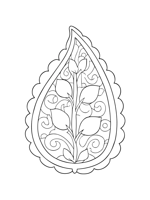 AI-generated black-and-white coloring page of paisley with leaves and scrolls