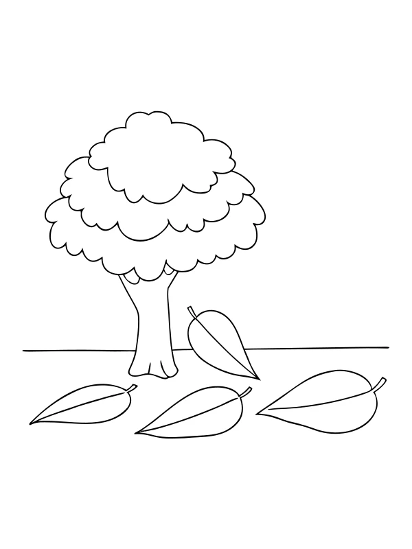 Black-and-white coloring page of tree with falling leaves