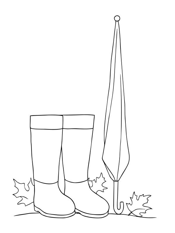 Black-and-white coloring page of rain boots and umbrella