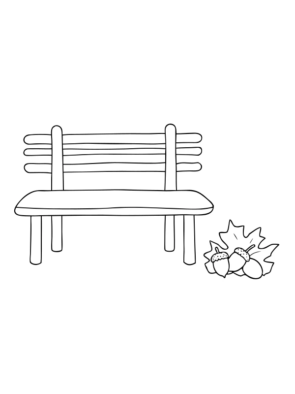 AI-generated black-and-white coloring page of park bench and fallen leaves