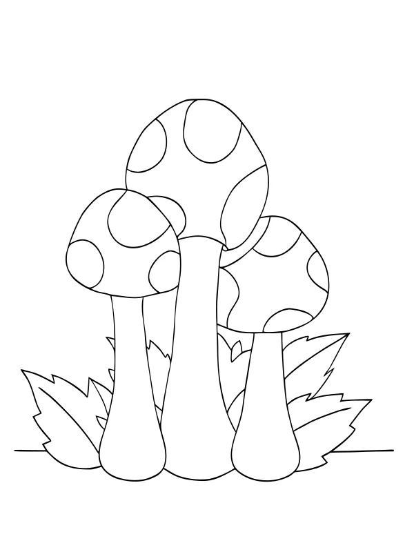 AI-generated black-and-white coloring page of woodland mushrooms and leaves